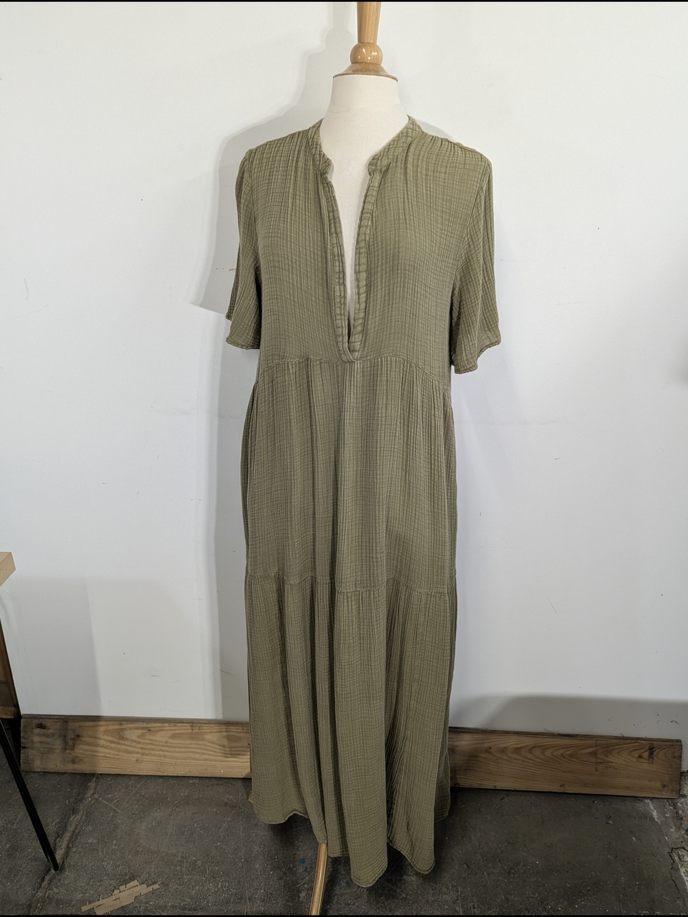 Anthropologie Olive Green Deep V-Neck Tiered Maxi Dress Cotton Gauze L - Picture 8 of 15